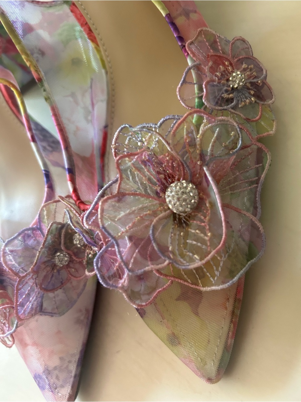 Betsey Johnson Pink Multicolor Floral Appliqué Pointed Heels - Picture 3 of 6